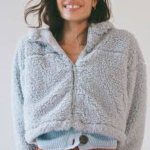 Urban Outfitters Hooded Cropped Teddy Jacket Blue M